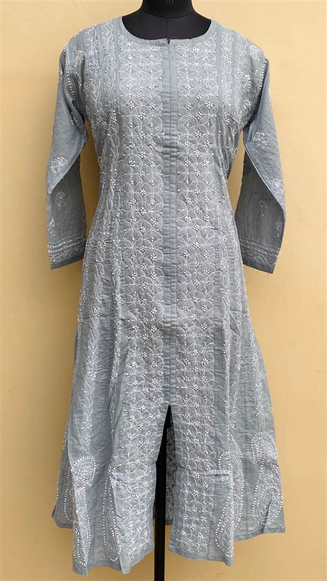 Lucknowi Chikankari Anarkali Kurti Gray Cotton – Chikirpolo