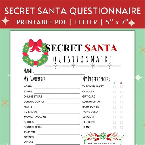 Printable Secret Santa Questionnaire for Christmas Gift Exchange ...