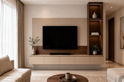 Beige and Canadian Walnut Minimal TV Unit Design with Matte Finish
