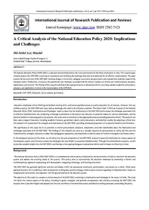 Critical Analysis of NEP 2020: Implications & Challenges - Research ...