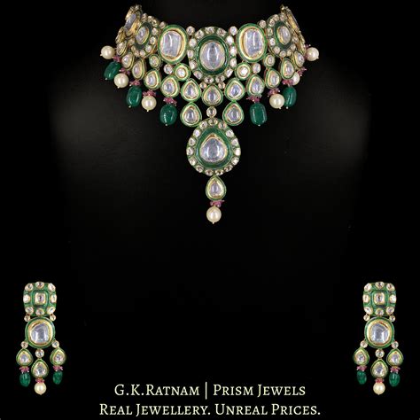 18k Gold and Diamond Polki Choker Necklace Set with emerald-grade Bery ...
