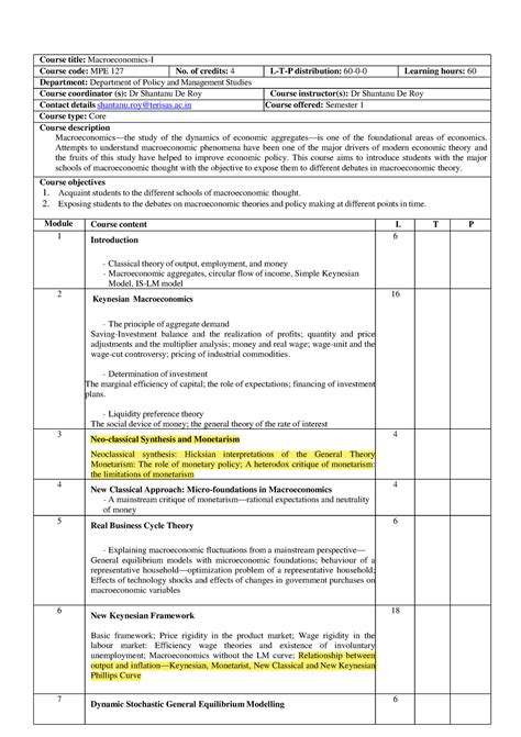 Course outline - Course title: Macroeconomics-I Course code: MPE 127 No ...