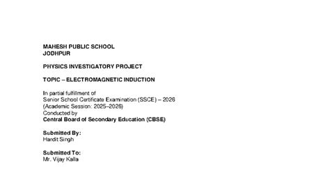 CBSE Class XII Physics Project: Electromagnetic Induction - Studocu