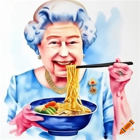Watercolor painting of Queen Elizabeth II enjoying ramen noodles with chopsticks on Craiyon