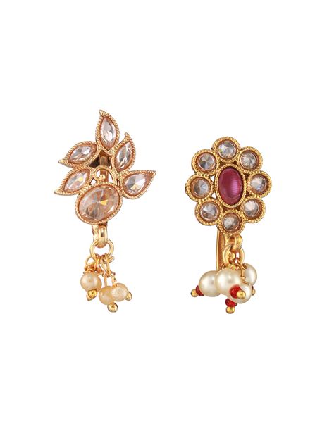 Set Of 2 Gold-Plated Red & White Kundan Studded Nose Pin