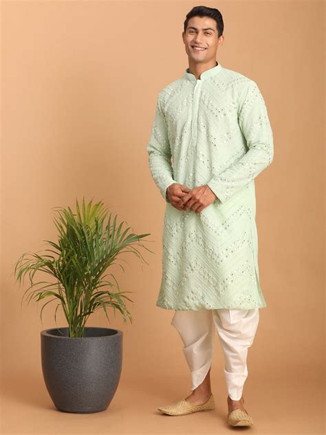 Vastramay Men's Mint Green Mirror Kurta Dhoti Set – vastramay