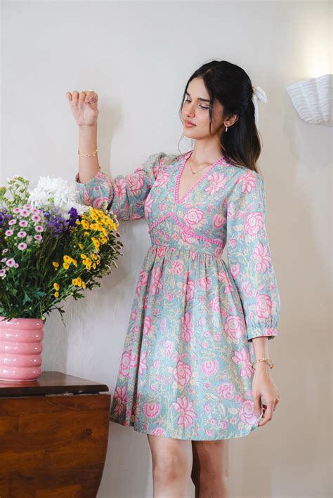 Floral Print Cotton short Dress with Sleeves and Back Bow Tie-up with ...
