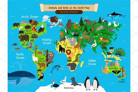 World Map Animals. Europe and Asia, South and North America, Australia ...