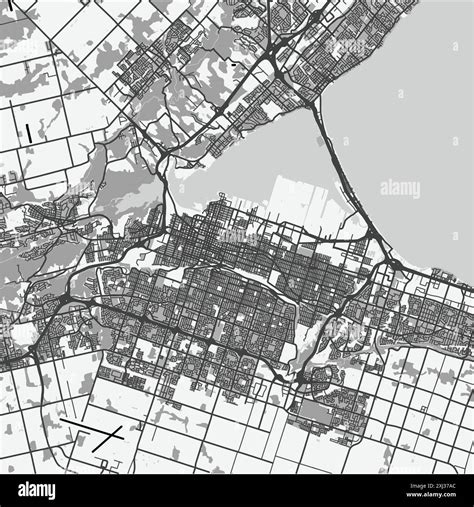 Map of Hamilton in Canada in grayscale. Contains layered vector with roads water, parks, etc ...