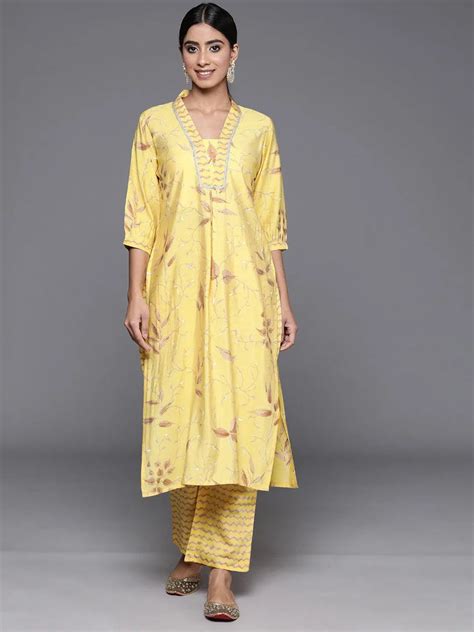 Buy Yellow Printed Silk Blend Straight Kurta Set Online at Rs.1079 | Libas