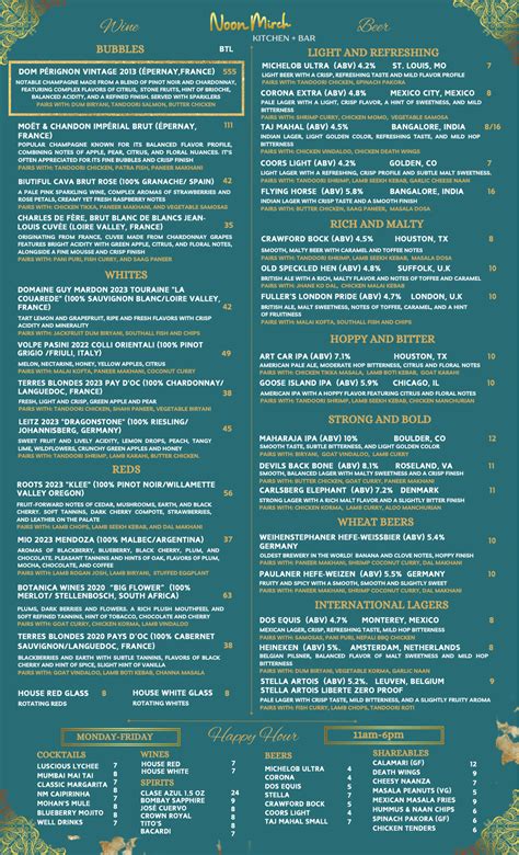 New Beer & Wine Menu - Noon Mirch Kitchen + Bar