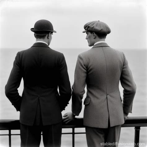 1920s black and white two men from behind looking over the railing on a ...