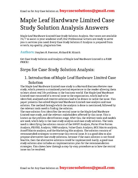 Case Solution Maple Leaf Hardware Limited - Maple Leaf Hardware Limited ...