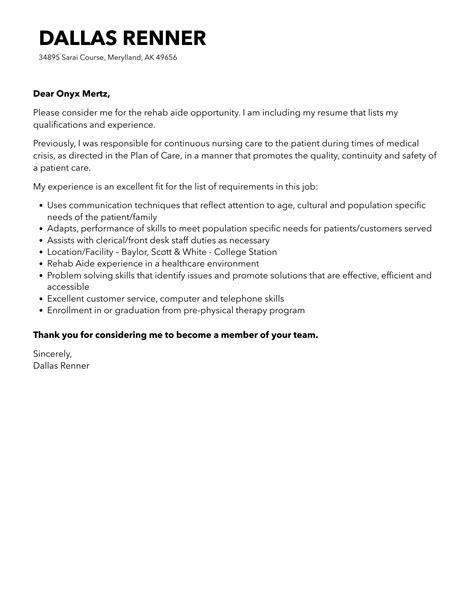 Rehab Aide Cover Letter | Velvet Jobs