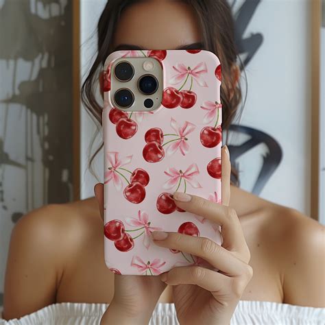 Cherry Phone Case, Pink Girly Phone Cover, Cherries With Bows, iPhone ...