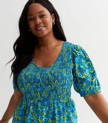 Curves Blue Floral Shirred Peplum Top | New Look