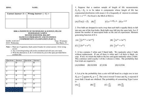MATH F113 Compre Part-A-Key-1 - IDNO: NAME: Correct Answer ∗ 𝟑 + Wrong ...