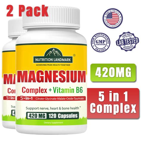 2 pack Magnesium Complex 420mg with Magnesium Glycinate Citrate Malate Oxide Taurate & Vitamin ...