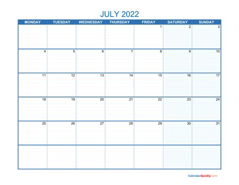 July Monday 2022 Blank Calendar | Calendar Quickly