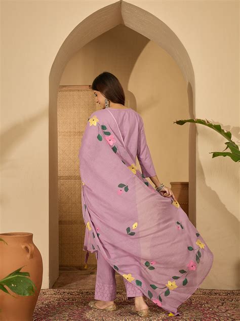 Lilac Hand Printed Schiffli Pure Cotton Kurta With Trousers & Dupatta ...
