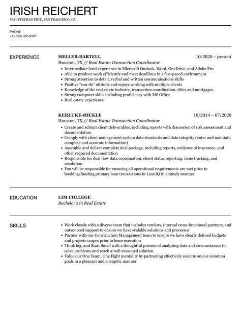 Real Estate Transaction Coordinator Resume Samples | Velvet Jobs