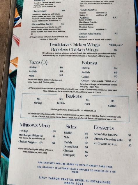 Menu at Tipsy Tarpon pub & bar, Crystal River