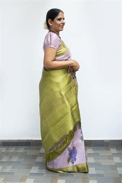 Lilac Kanjivaram Silk Saree with Hibiscus Hand Block Print and Olive G ...