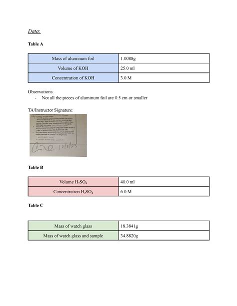 Lab 03 - Attachments - Lab 03 - calculations. - Data: Table A Mass of aluminum foil 1 Volume of ...