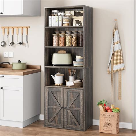 CABIHOME Farmhouse Bookcase with Doors 71.4in Tall Bookshelf 11.8in Depth Display Storage ...