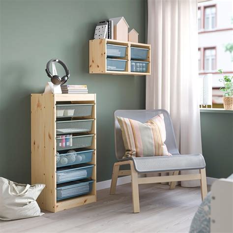 TROFAST storage combination with boxes, light white stained pine green ...