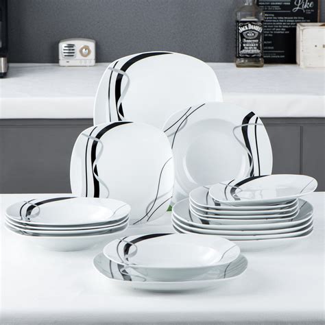 MALACASA Fiona 18 Pieces Porcelain Square Black and White Dinnerware ...