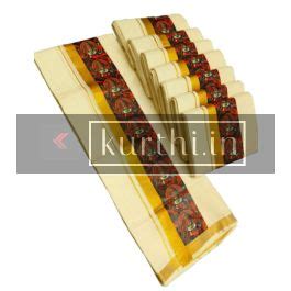 Mural Kathakali Sticker Work Double Mundu with golden border [Express Ship]