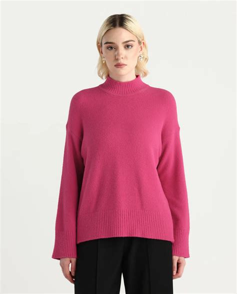 Rareism Women's Zilli Pink Nylon High Neck Oversize Fit Sweater