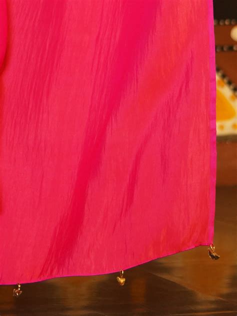 Pre-Draped 1-Minute Fuchsia Satin Saree with Gold Handmade Pendants an