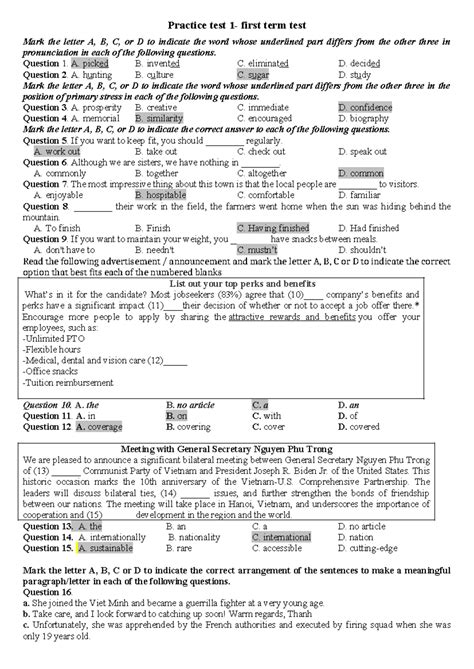 Practice test 1 ( first term test ) form 2025 - key - Practice test 1 ...
