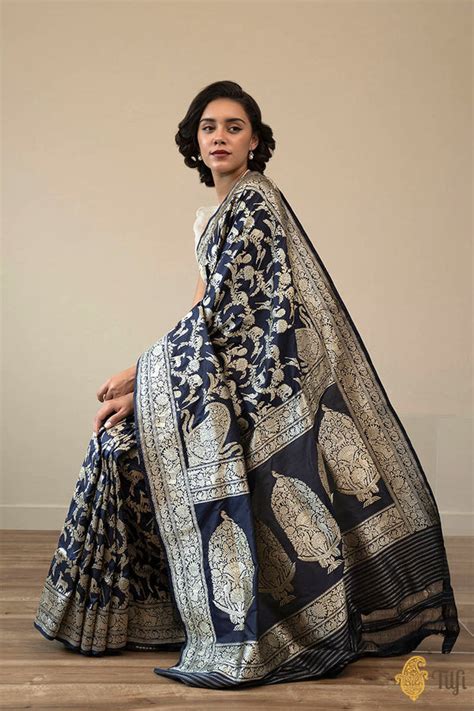 Deep Navy Blue Pure Katan Silk Banarasi Handloom Saree - Tilfi