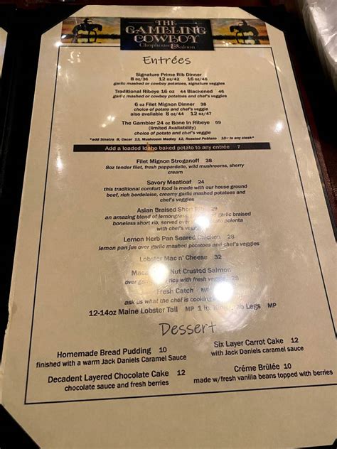 Menu at The Gambling Cowboy steakhouse, Temecula