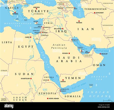 The Middle East, political map. Geopolitical region encompassing the ...