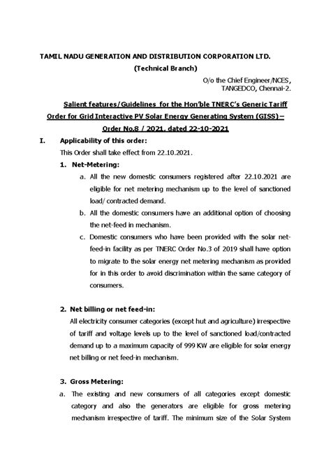 Salient Features of GISS Tariff Order - TANGEDCO Guidelines - Studocu