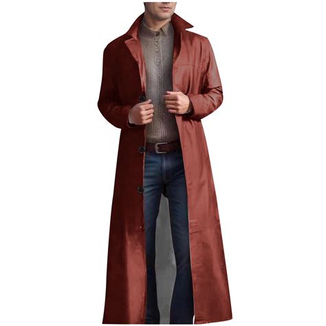 Dovford Mens Leather Trench Coat Full Length Vintage Classic Faux ...