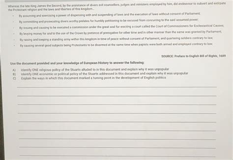 Solved: Whereas the late King James the Second, by the assistance of ...