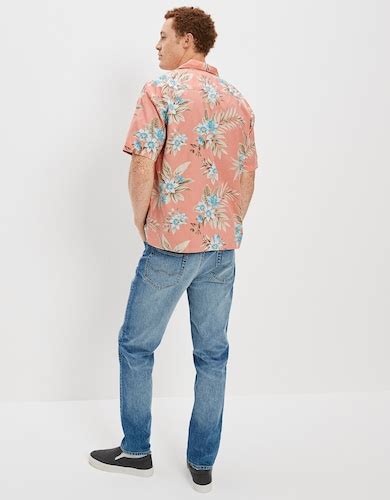 Buy American Eagle Men Orange Tropical Button-Up Poolside Shirt Online