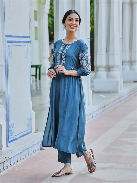 Turquoise Embroidered A Line Kurta Pant Set – Savi India