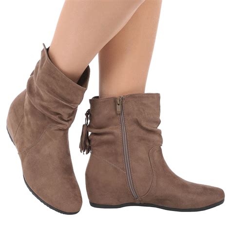 Odette Womens Hidden Wedge Low Heels Ladies Slouch Tassel Ankle Boots ...