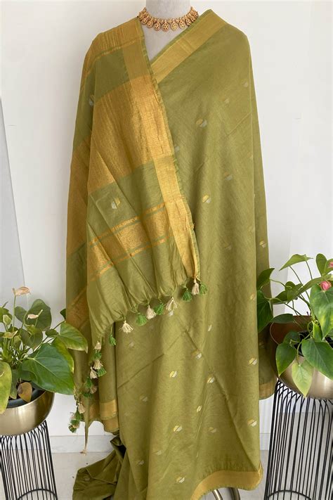 Designer Banarasi Cotton Silk Saree in Mint Green | Indian Handloomz