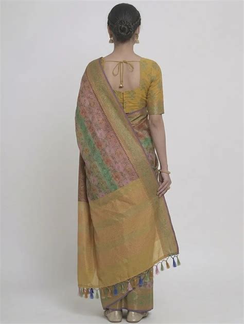 Women Mustard & Olive Green Floral Printed Silk Blend Saree with Tasse ...