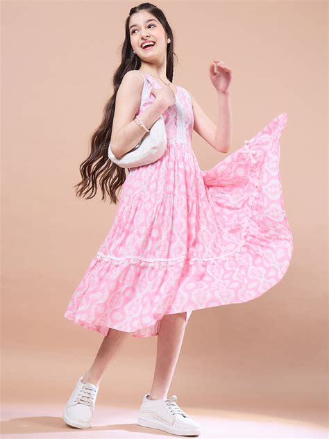 Buy Pink flare Cotton Sleeveless V-neck Midi Dress