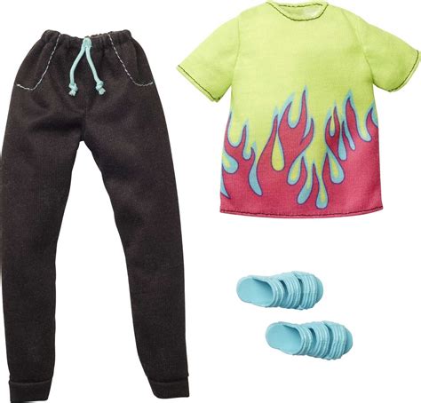 Barbie Ken Doll Outfit Set - Neon Flame Shirt, Black Pants, Slide ...