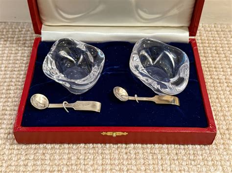 Cartier crystal salt cellars with sterling spoons, boxed | Maxsold