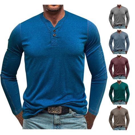 BADHUB Mens Henley Long Sleeve T-Shirt Classic V Neck Button Stretch ...